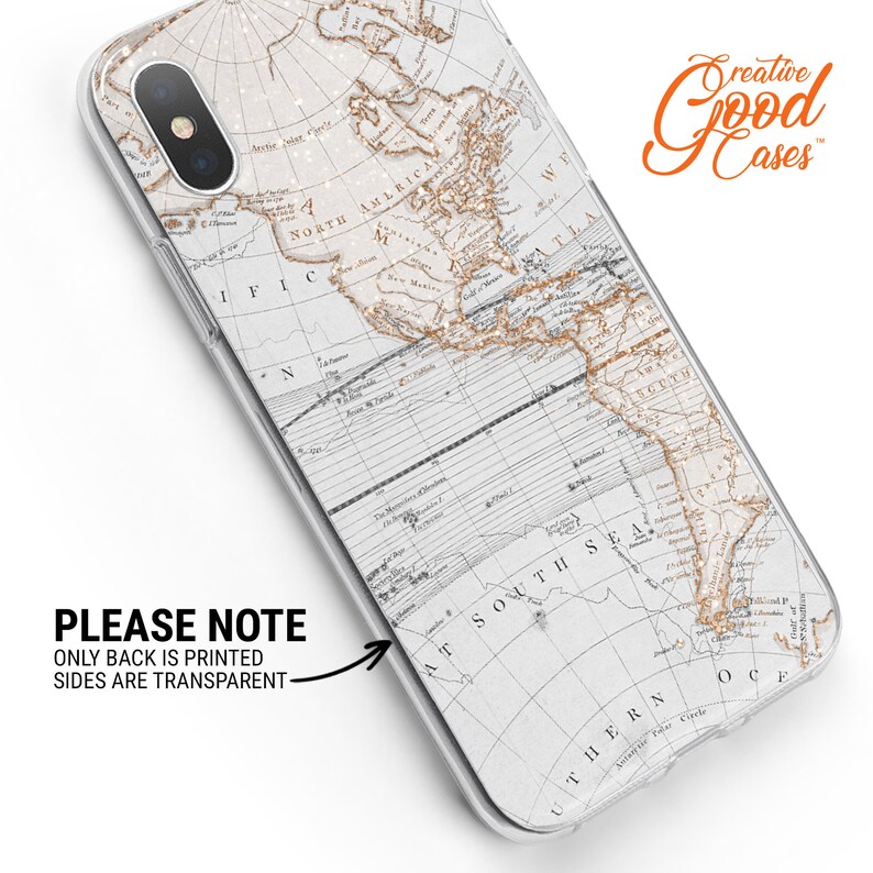 May include: A clear phone case with a vintage world map design printed on the back. The map is in shades of brown and white with gold accents. The case is compatible with iPhone models.