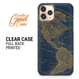 May include: A clear phone case with a full back print of a vintage world map in gold and blue. The map features North and South America with a blue background and gold lines.