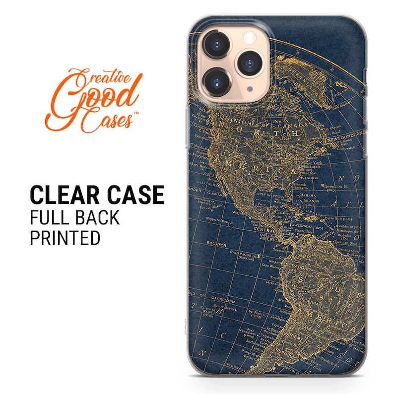 May include: A clear phone case with a full back print of a vintage world map in gold and blue. The map features North and South America with a blue background and gold lines.