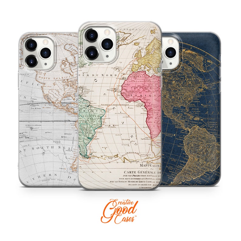 May include: Three iPhone cases with different vintage world map designs. The first case has a white background with a beige map, the second case has a beige background with a green, pink, and yellow map, and the third case has a dark blue background with a gold map.