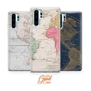 May include: Three phone cases with different vintage world map designs. The first case features a white background with a map of the Americas in brown and gold. The second case features a beige background with a map of the world in pink, green, and brown. The third case features a dark blue background with a map of the world in gold and white.