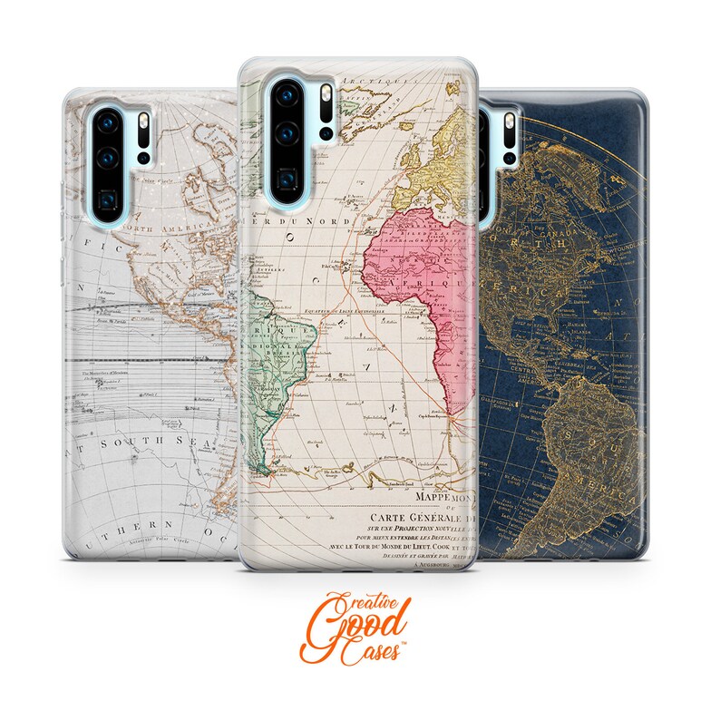 May include: Three phone cases with different vintage world map designs. The first case features a white background with a map of the Americas in brown and gold. The second case features a beige background with a map of the world in pink, green, and brown. The third case features a dark blue background with a map of the world in gold and white.