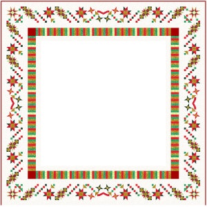 May include: A white background with a red, green, and gold border. The border is made up of stars, stripes, and geometric shapes.