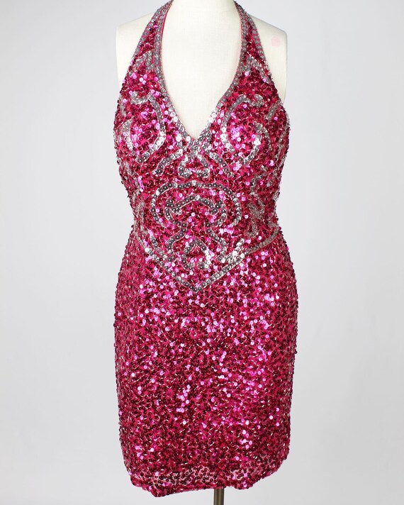 Hot Pink Sequin Halter Dress