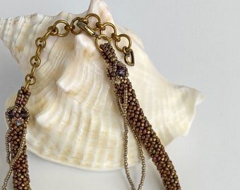 Gold-lustered Vintage Look, Adjustable Length Chenille-Stitch Necklace, Bead End Caps