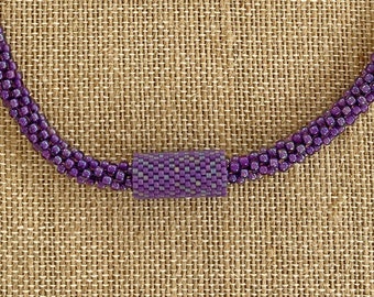 Purple Kumihimo Necklace, Amethyst Seed Beads, Covered Magnet Clasp Focal