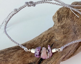 Anklet, Friendship style braided anklet, Purple Nuggets and Silver Beads