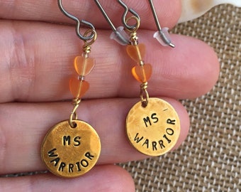 MS Warrior Awareness Earrings, 1/2" Brass Charm Carnelian Beads