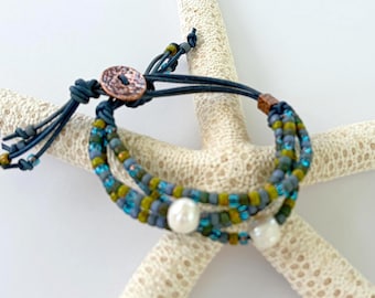 Multi-strand Blue Leather Bracelet, Blue Green Beads, Pearls, Copper Button Closure