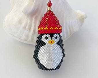 Bead Stitched Penguin, Wine Cork Topper, Holiday Figurine