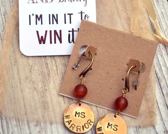 MS Warrior Awareness Earrings, Brass Warrior Charm Carnelian Round Bead