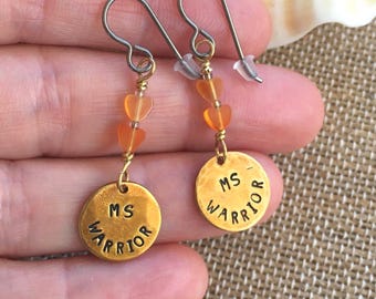 MS Warrior Awareness Earrings, 1/2" Brass Charm Carnelian Beads