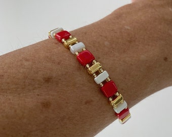 Czech tile bracelet of red, gold and white, lobster clasp, single strand