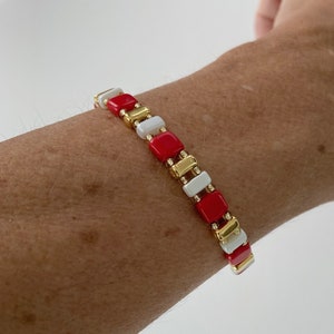 Czech tile bracelet of red, gold and white, lobster clasp, single strand