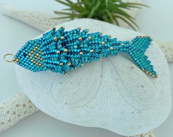 Beaded Tropical Fish Ornament, Turquoise, Gold, Fish Pendant
