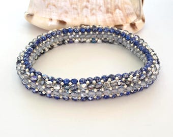 Handmade Beaded Bangle: Blue Fire-Polish & Silver Seed Beads