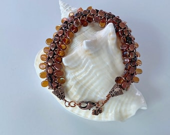 Kumihimo reversible adjustable copper color bracelet, Pinch Bead center with Pip Petal beads