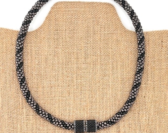 Black Beaded Kumihimo Necklace, Pyrite and Black, Covered Magnet Clasp Focal