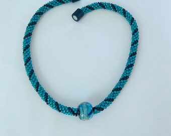 Beaded Kumihimo Necklace with Lampwork Bead Focal, Teal, Black, Magnetic Clasp