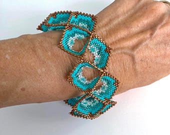 Handmade Bead stitched Geometric Bracelet, Blues and Light Bronze