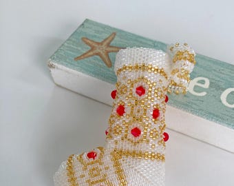 Handstitched Stocking Ornament, White, Gold, Red, 3 Dimensional Beaded Decoration