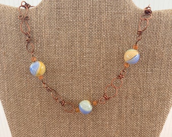 Linked Copper Hoops Necklace, Bright Colors, Beach Ball Beads