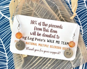 MS Awareness Earrings, Carnelian Beads, Silver-tone and Orange