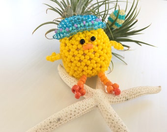 Easter Chick Beaded, Blue Bonnet Decoration, Seed Bead Stitched