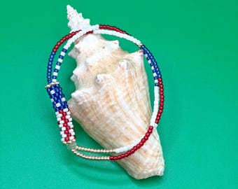 Patriotic Stretch Bracelet, Flag, Seed Beads, Two Strands