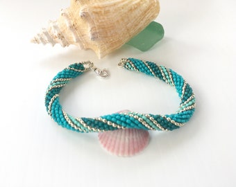 Ocean Green Blue Silver Beaded Bracelet, Swivel Sterling Silver Clasp