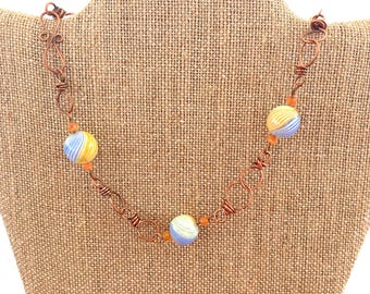 Linked Copper Hoops Necklace, Bright Colors, Beach Ball Beads