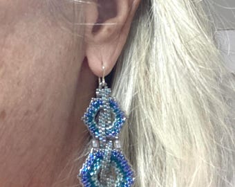 Honeycomb Earrings, Blue, Gray, Sparkling Teal, Double Hexagon
