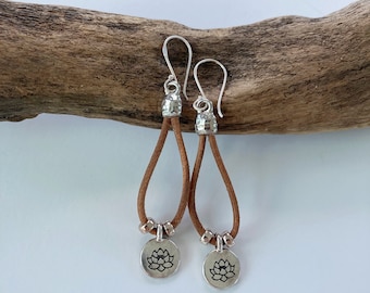 Leather and lotus flower charm earrings, silver charm, silver earwires
