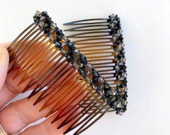Side hair combs, Jet Black, Black Diamond Bicones, Hair Decor
