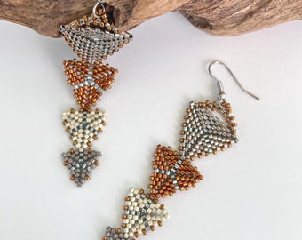 Hand stitched triangle dangle earrings, Matte and Metallic