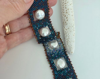 Ombre Moonlit Peyote Cuff Bracelet, Coin Pearls, Slide Clasp