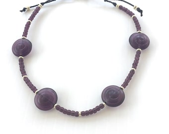 Adjustable Purple Anklet 10"-11", Swirl Coin and Seed Beads, Silver Lobster Clasp