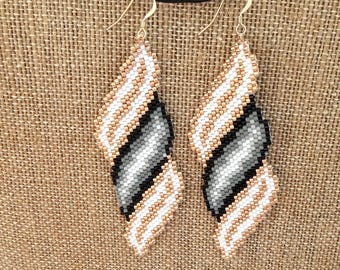 Handstitched Apricot Gold, White, Black Silky Scroll Earrings