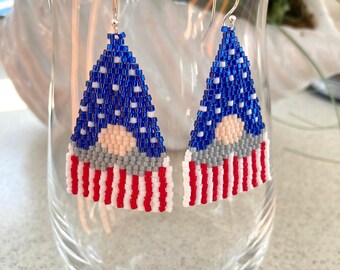 Gnome USA Flag Earrings, Patriotic Earrings, Red, White, Blue