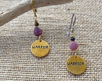 Cancer Awareness Warrior Brass Charm Earrings, Pink Rhodonite Nugget, Brass Lever Backs