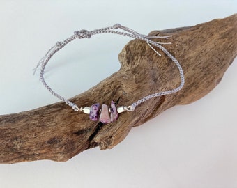 Anklet, Friendship style braided anklet, Purple Nuggets and Silver Beads