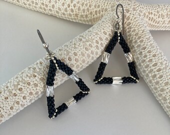 Beaded Black, Silver Triangle Geometric Earrings