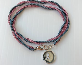 Pink Blue Awareness Cancer Double Wrap Beaded Bracelet