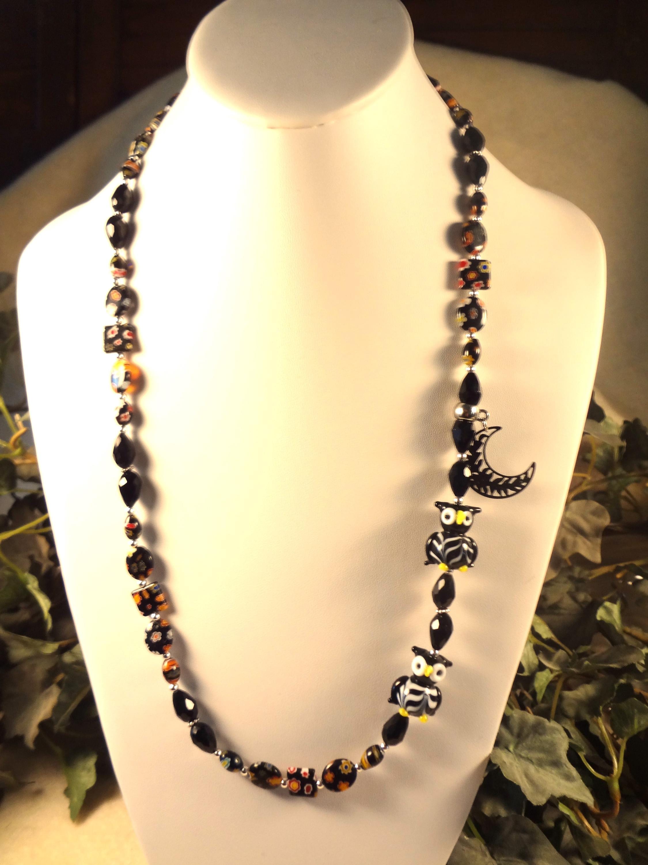 Black Millefiori Necklace, Owl Necklace, Black Owl Necklace