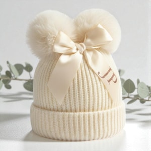 Personalised Double PomPom Hat | Cream Baby Girl Kids Toddler Winter Christmas Birthday Gift