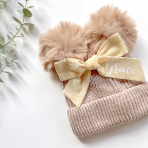 Personalised Double PomPom Hat | Beige Baby Girl Kids Toddler Winter Gift
