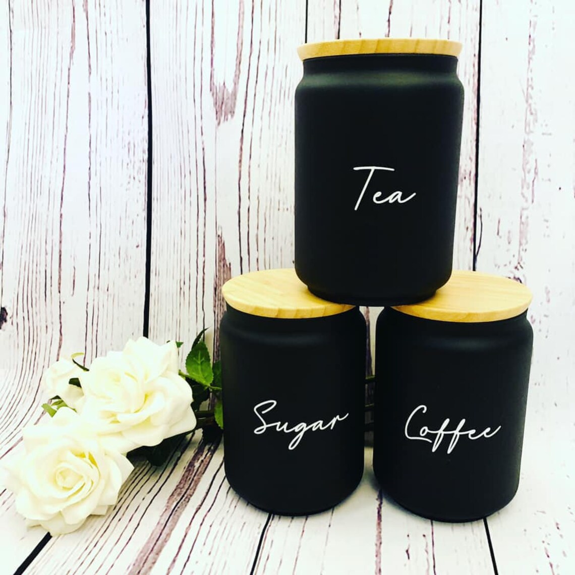 Black Jars with Bamboo Lids Ideal for Tea Coffee Sugar Etsy