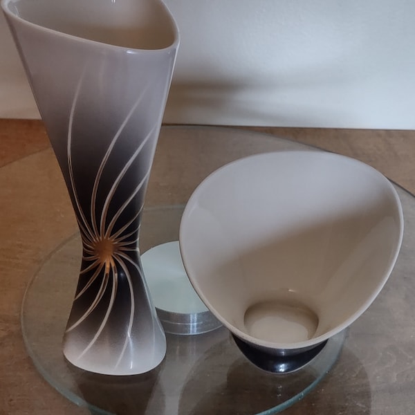 Vintage MCM Lindner Kueps Bavaria Fine Porcelain Soliflore Bud Vase and Bowl in Jewel Pattern