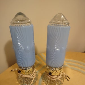 Fabulous Pair Art Deco Skyscraper Glass Baby Blue Boudoir Lamps