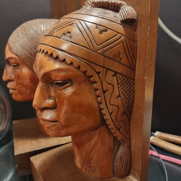 Vintage Signed Hand Carved Hardwood Tribal Bookend Busts